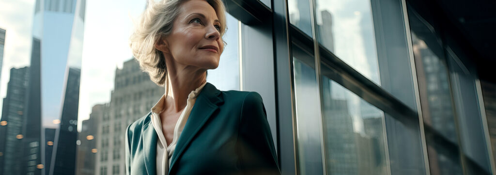 a soft background image of a female executive in a suit standing outside a glass building