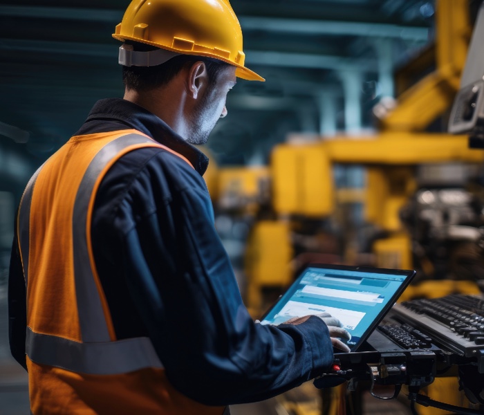 Man looking at a computer control system in a manufacturing environment representing the Manufacturing industry