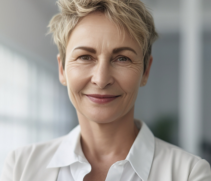 Middle-age white woman with short hair and collared blouse representing C-level executives