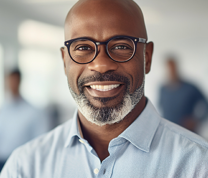 Black man with glasses in business shirt represented business leaders who work in Treasury roles